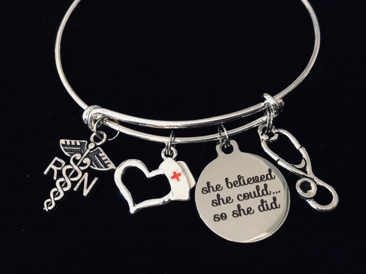 RN Pinning Ceremony Jewelry Nurse She Believed She Could Adjustable Bracelet Silver Expandable Charm Bangle One Size Fits All Gift Registered Nurse Graduation