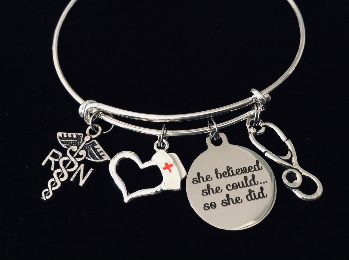 RN Pinning Ceremony Jewelry Nurse She Believed She Could Adjustable Bracelet Silver Expandable Charm Bangle One Size Fits All Gift Registered Nurse Graduation