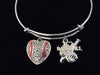 I Love Baseball Jewelry Heart Rhinestone Expandable Charm Bracelet Silver Adjustable Bangle One Size Fits All Baseball Coach Gift