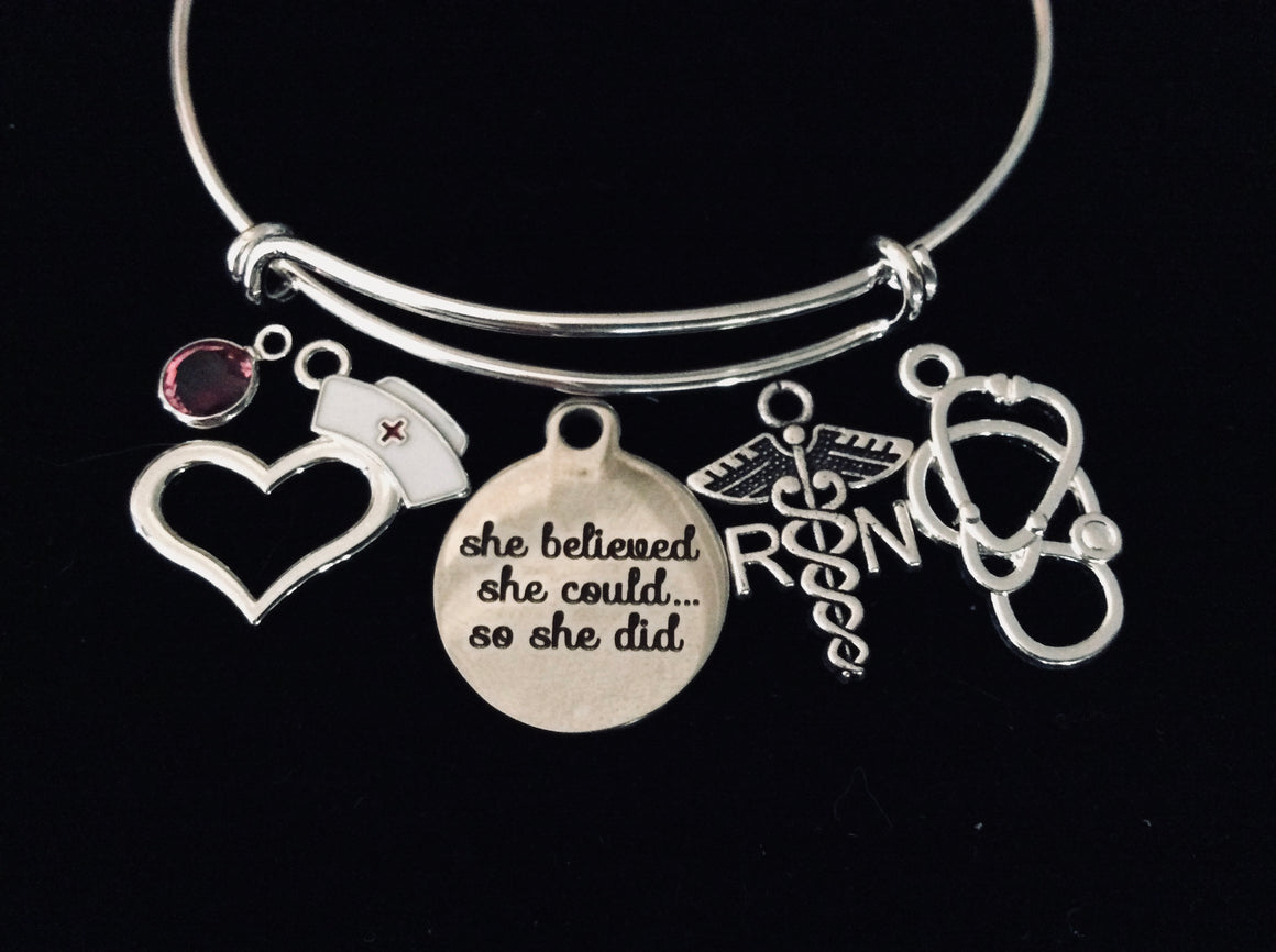 She Believed She Could Registered Nurse RN Jewelry Expandable Charm Bracelet Silver Bangle Medical Occupational Charm Trendy Gift