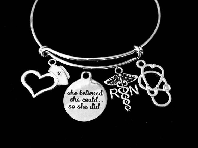 RN Nurse She Believed She Could So She Did Jewelry Adjustable Bracelet Expandable Silver Charm Bangle Stethoscope One Size Fits All Gift