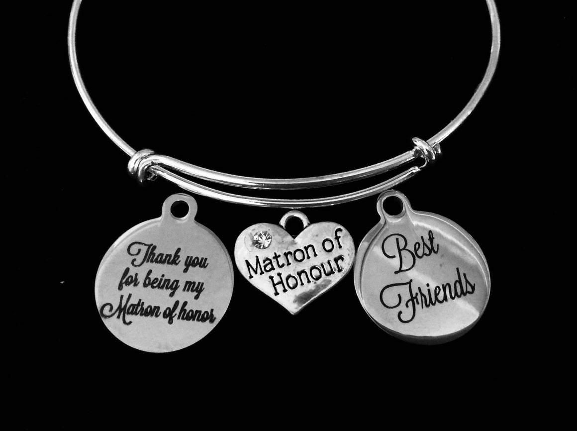 Matron of Honor Best Friends Adjustable Bracelet Expandable Silver Wire Bangle Wedding Shower Bridal Trendy Proposal One Size Fits All Gift