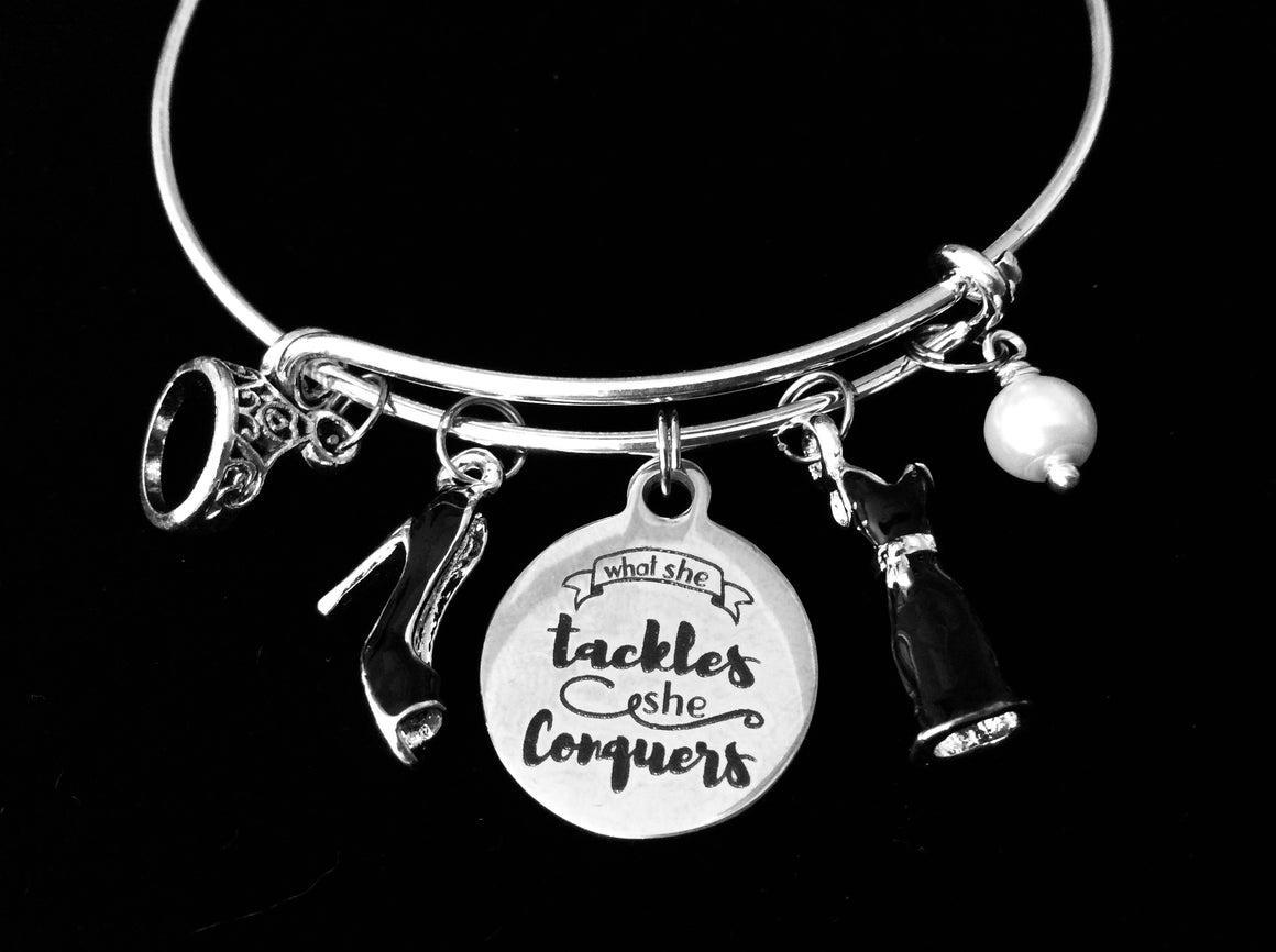 What she Tackles She Conquers Black Dress Shoes Pearl Crown Jewelry Adjustable Bracelet Silver Expandable Bangle One Size Fits All Gift
