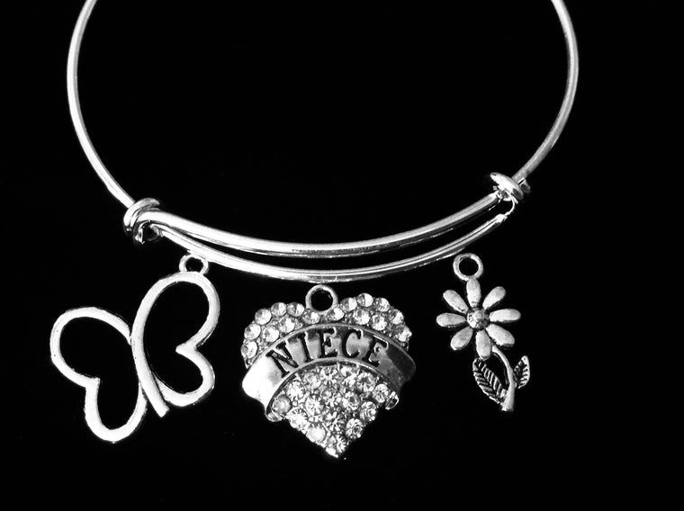 Niece Jewelry Expandable Crystal Heart Silver Charm Bracelet Adjustable Wire Bangle One Size Fits All Gift Trendy Butterfly Daisy