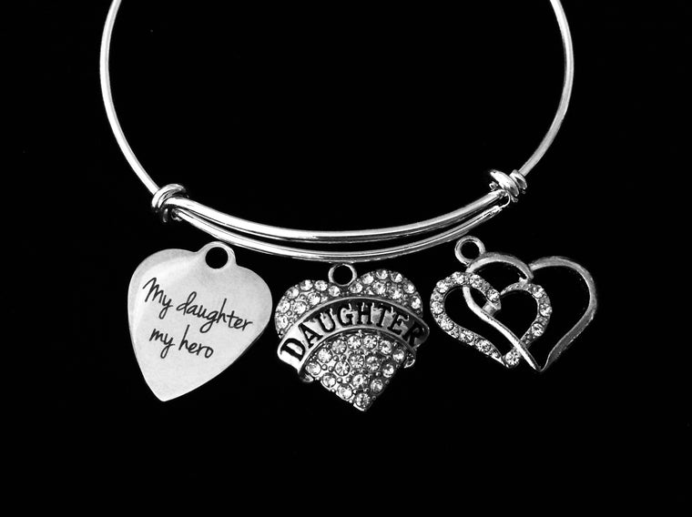 My Daughter My Hero Jewelry Adjustable Bracelet Double Heart Crystal Heart Expandable Charm Silver Wire Bangle Rhinestone Bling One sIze Fits All Gift