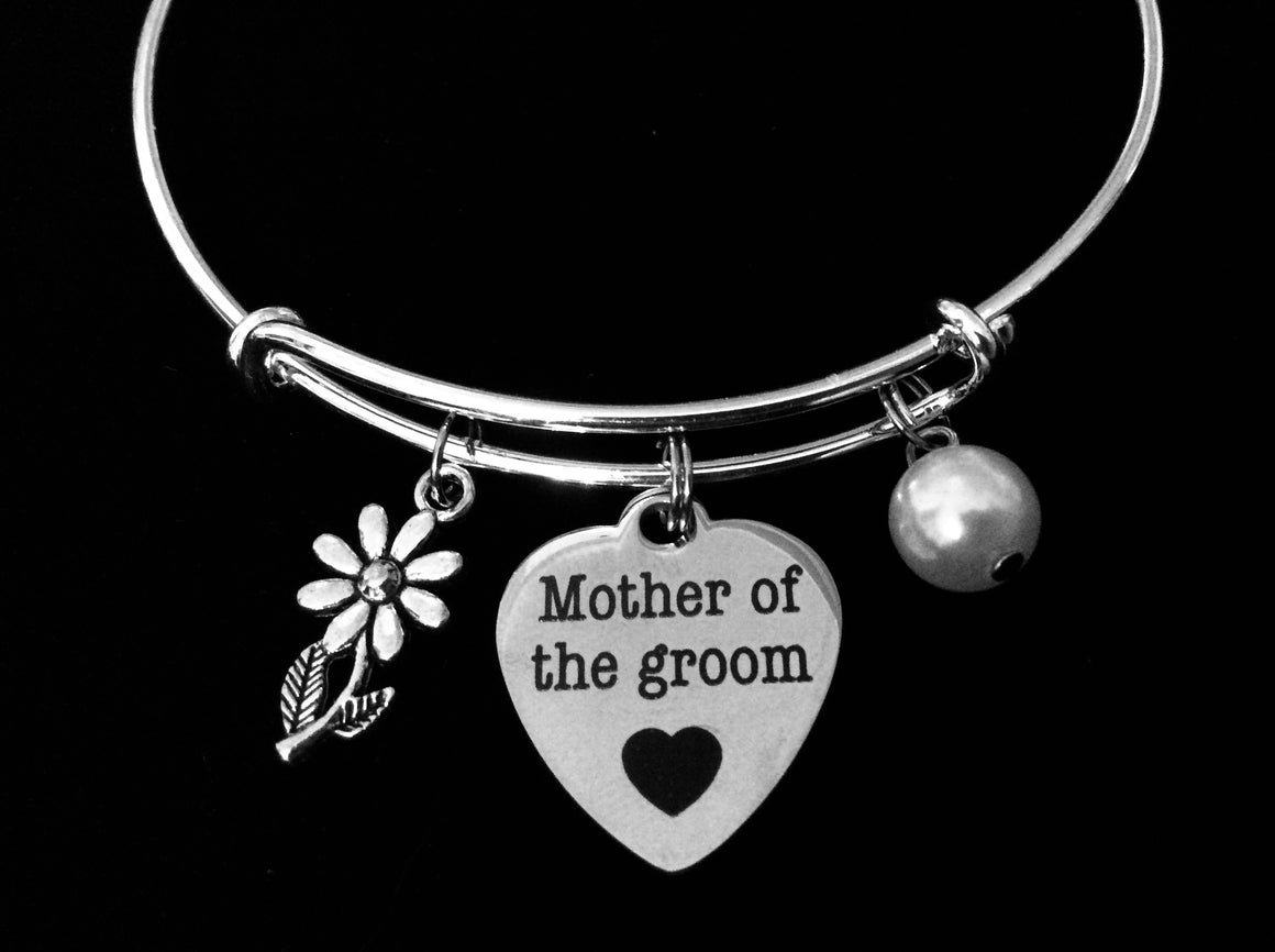 Mother of the Groom Jewelry Adjustable Bracelet Expandable Silver Charm Bangle Wedding One Size Fits All Gift