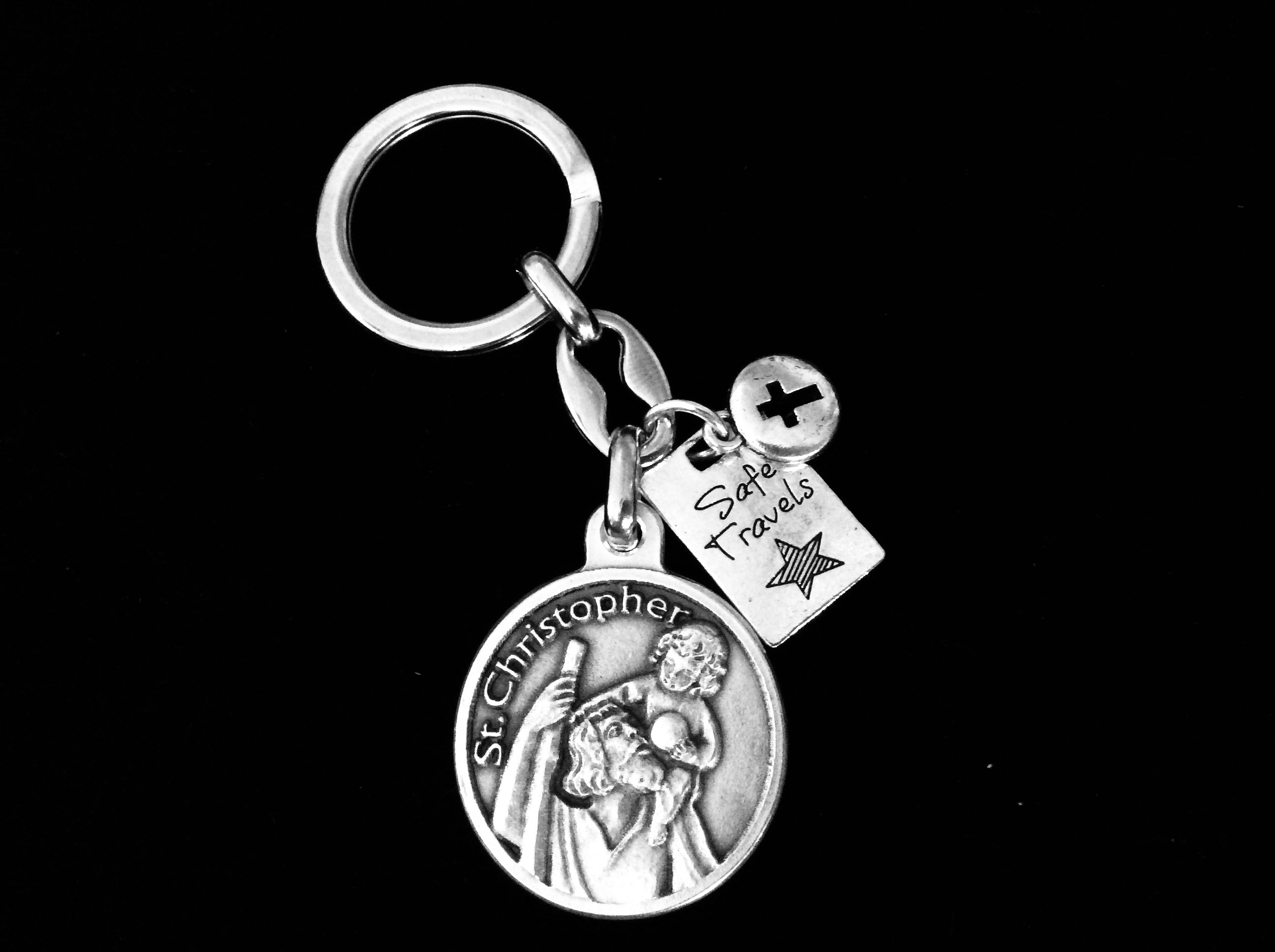 Jules Obsession Safe Travels Saint Christopher Patron of Travelers Key Chain Medal Silver Key Ring Protection Gift Inspirational Jewelry