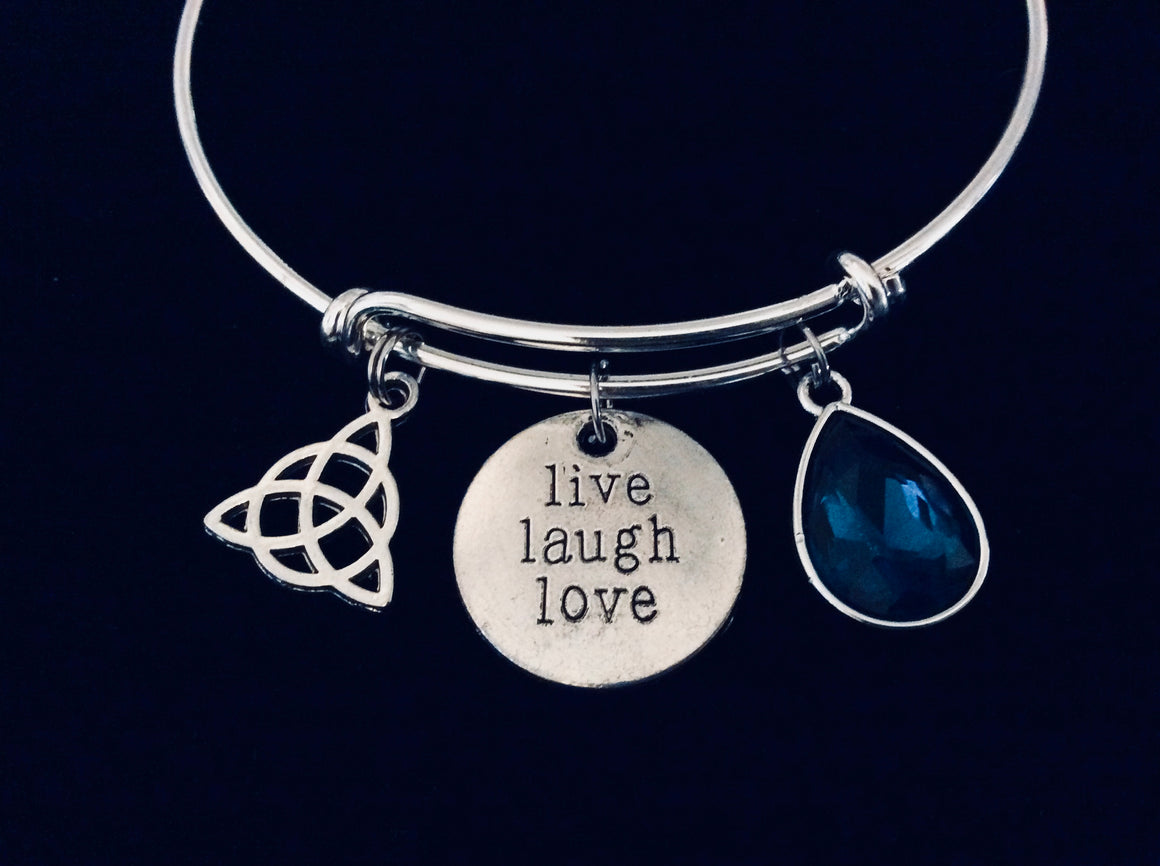 Triquetra Celtic Trinity Knot Live Love Laugh Expandable Charm Bracelet Silver Adjustable Bangle Blue Topaz One Size its All Gift