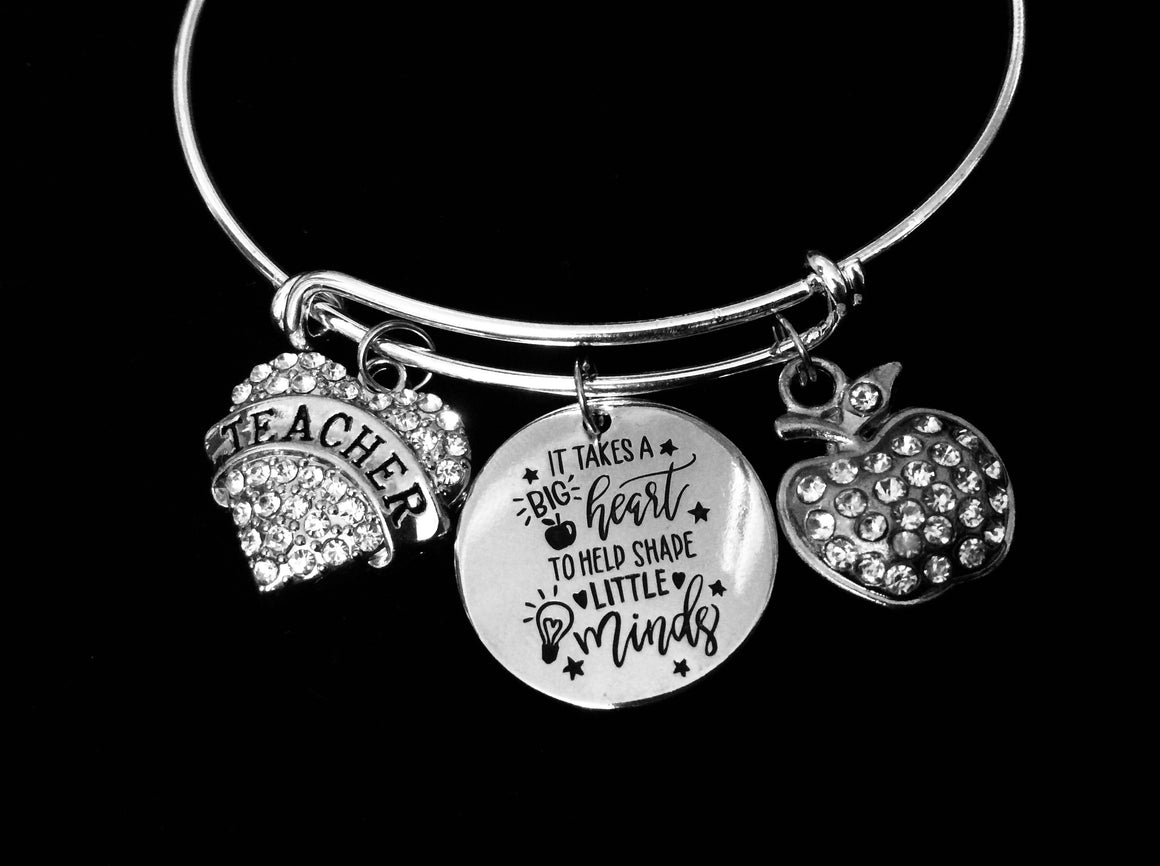 It Take a Big Heart to Shape Little Minds Teacher Jewelry Adjustable Bracelet Expandable Silver Charm Bangle Trendy School One Size Fits All Gift
