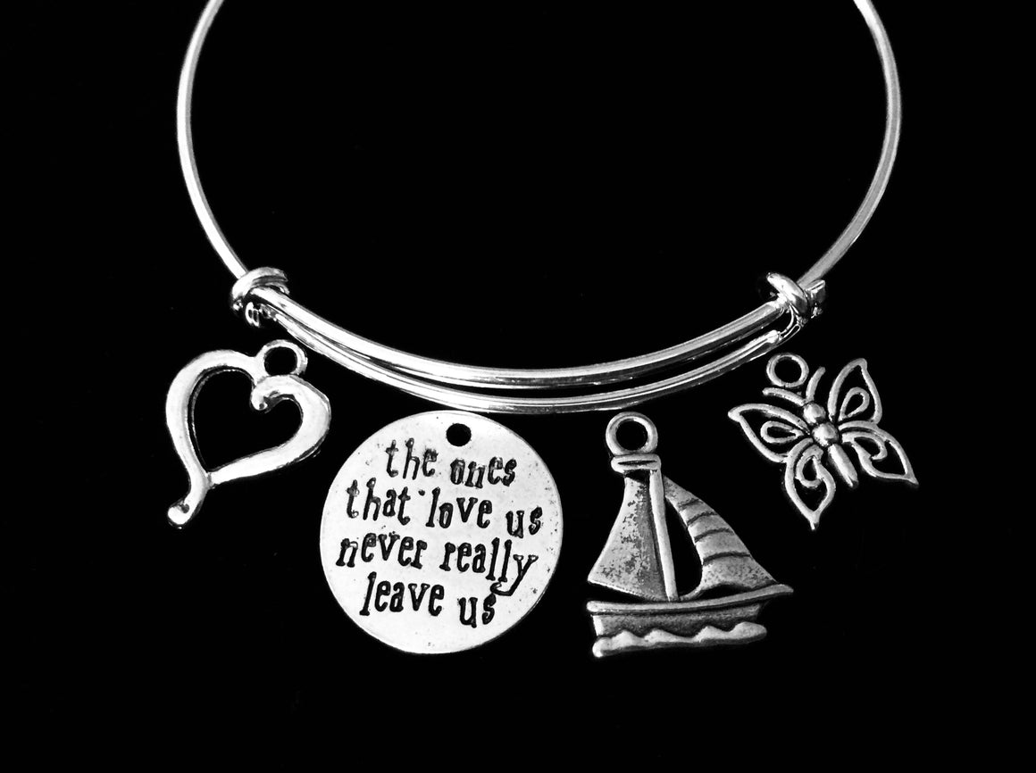Sailboat Memorial Adjustable Bracelet The Ones That Love Us Never Leave Expandable Charm Wire Bangle Silver Gift Butterfly Open Heart