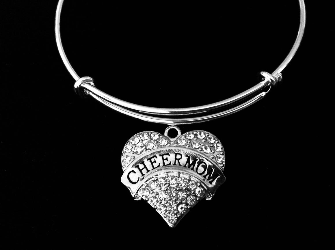 Cheer Mom Jewelry Adjustable Bracelet Expandable Silver Charm Wire Bangle Crystal Heart One Size Fits All Gift Trendy Cheerleader Stacking