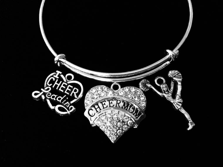 I Love Cheerleading Cheerleader Cheer Mom Jewelry Adjustable Bracelet Expandable Silver Charm Wire Bangle Crystal Heart One Size Fits All Gift Trendy Cheerleader Stacking