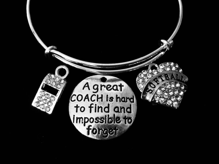 Softball Coach Jewelry Adjustable Bracelet A Great Coach is Hard to Find Rhinestone Whistle Expandable Silver Charm Bangle One Size Fits All Gift