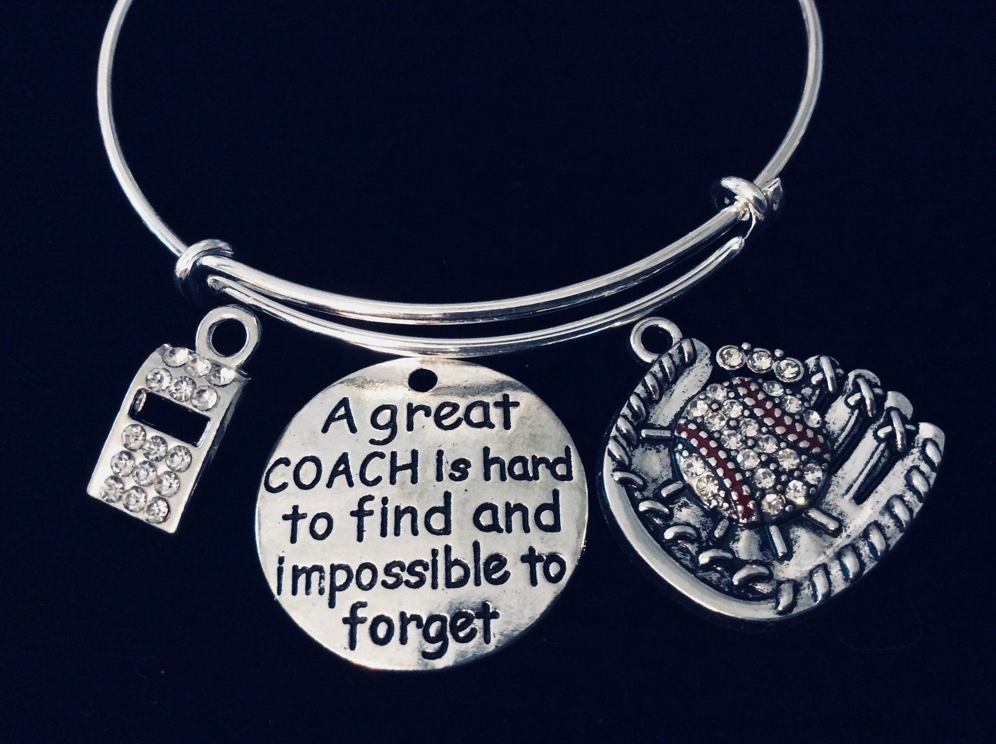 Great Coach Gift Whistle Crystal Baseball Jewelry Mitt Adjustable Bracelet Silver Expandable Bangle Sports Team One Size Fits All Gift