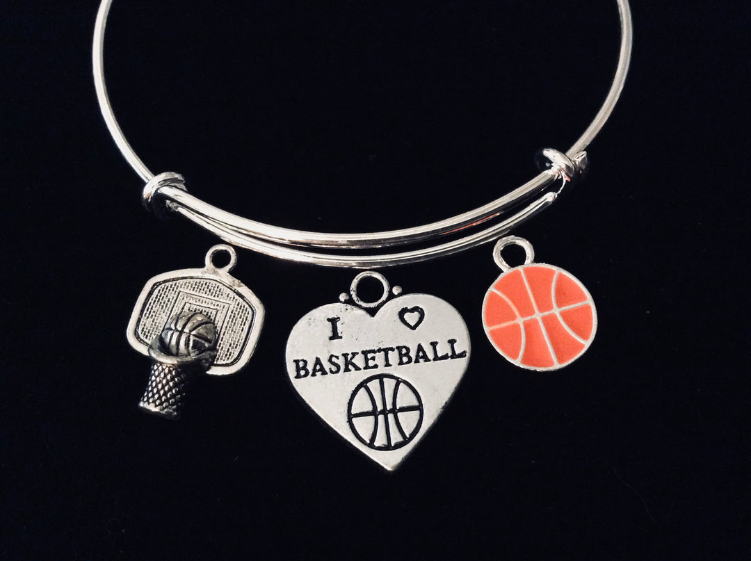 I Love Basketball Jewelry Expandable Silver Charm Bracelet Adjustable Wire Bangle One Size Fits All Gift Trendy Basketball Hoop 