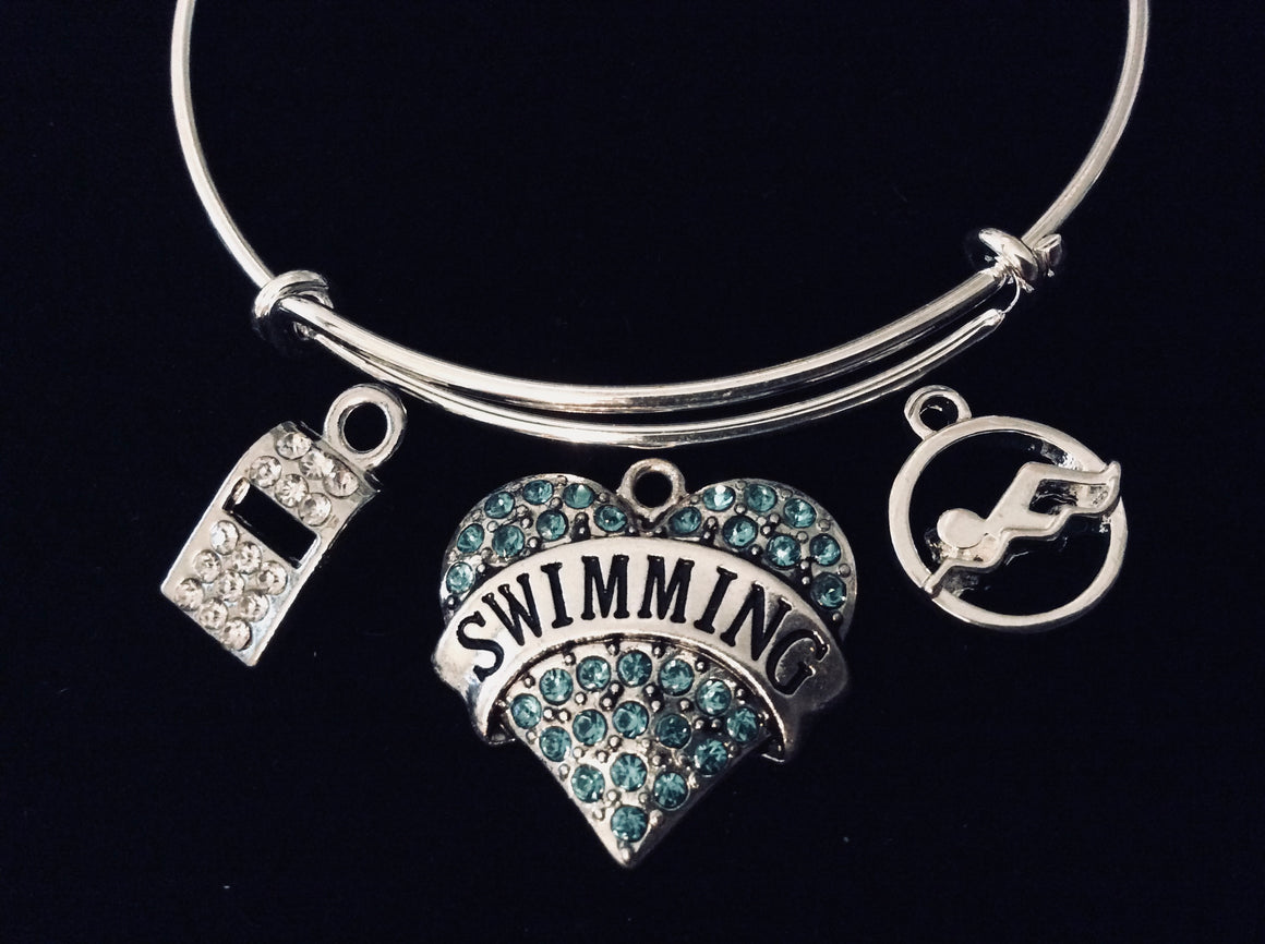 Blue Heart Swimmer Jewelry Crystal Whistle Swim Catch Adjustable Bracelet Expandable Silver Charm Bangle One Size Fits All Gift