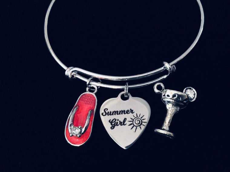 Pink Flip Flop Summer Girl Expandable Charm Bracelet  Nautical Beach Jewelry Vacation One Size Fits All Gift