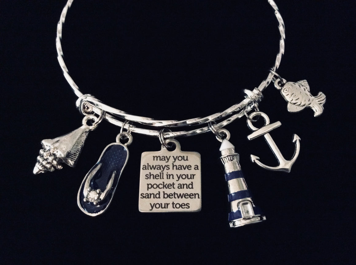 May You Always Have a Shell in Your Pocket and Sand Between Your Toes Nautical Jewelry Expandable Charm Bracelet Lighthouse One Size Fits All Gift Flip Flop Anchor Fish