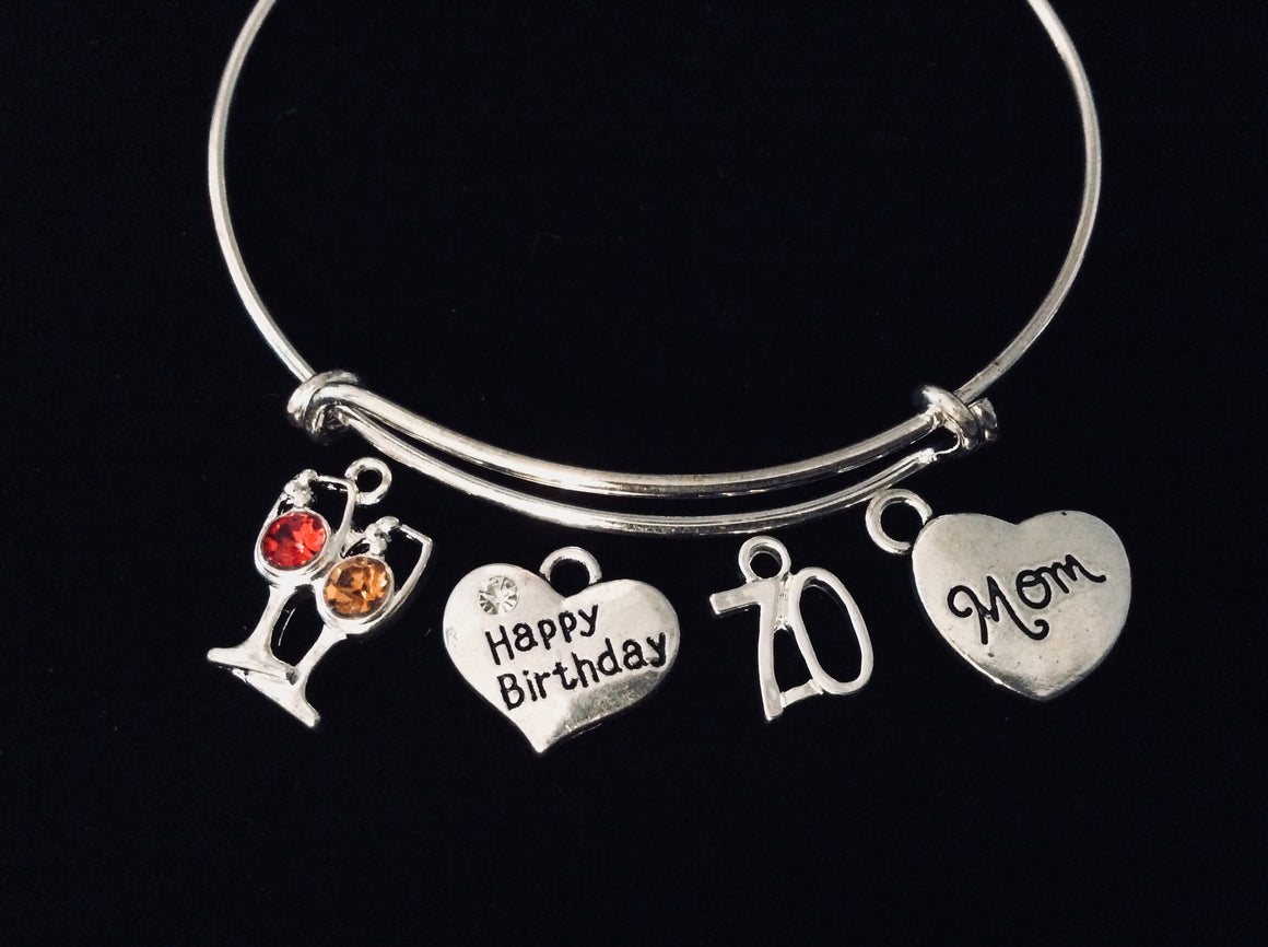 Happy 70th Birthday Jewelry Mom Expandable Silver Charm Bracelet Adjustable Bangle One Size Fits All Gift Crystal Red and White Wine Glass 70 Seventy 