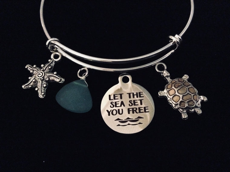 Let the Sea Set you Free Nautical Jewelry Expandable Silver Charm Bracelet Starfish Turtle Sea Glass Adjustable Bangle One Size Fits All Gift Trendy Stacking