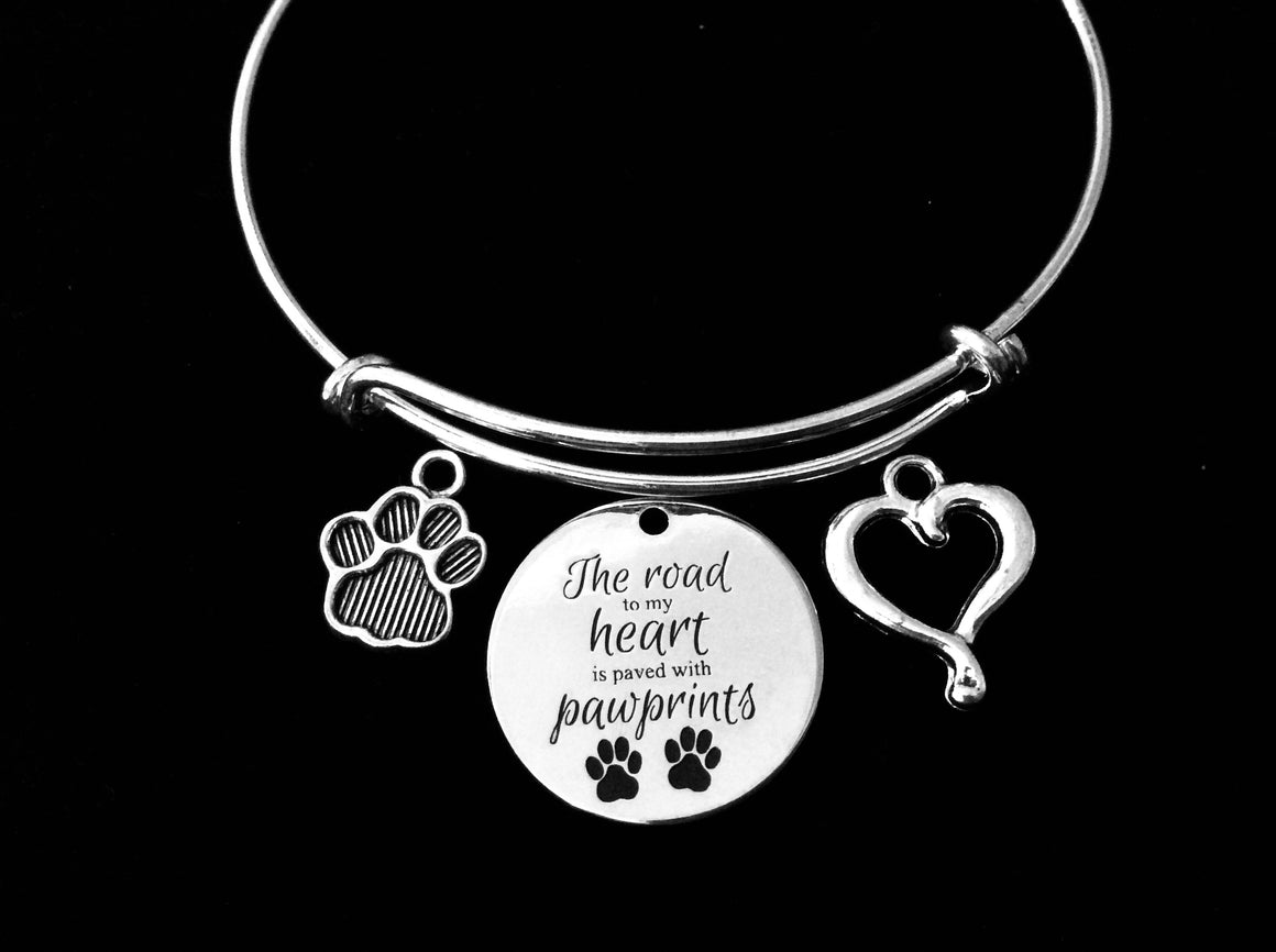 The Road to My Heart is Paved with Paw Prints Expandable Charm Bracelet Dog Cat Jewelry Silver Adjustable Wire Bangle One Size Fits All Gift Pet Lover Jewelry 