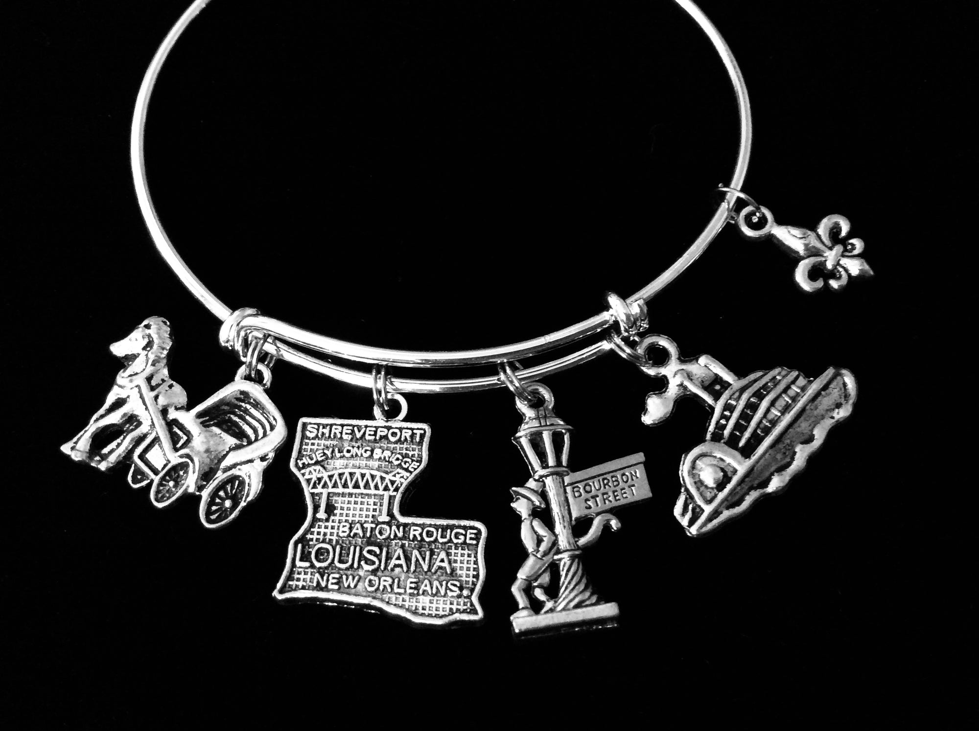 Louisiana New Orleans Jewelry Bourbon Street Adjustable Silver Charm Bracelet Expandable Wire Bangle One Size Fits All Gift Trendy Steam Boat Horse Carriage State Jewelry 