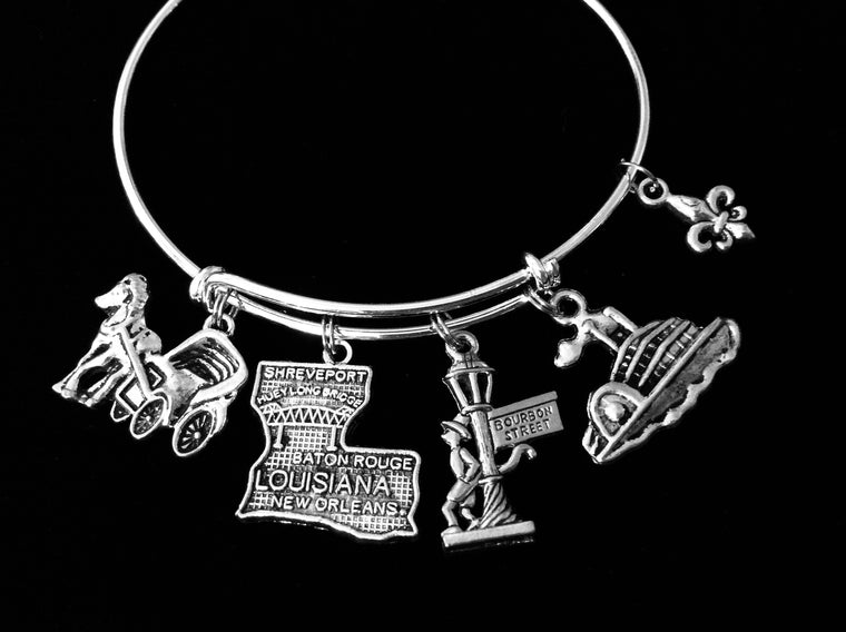 Louisiana New Orleans Jewelry Bourbon Street Adjustable Silver Charm Bracelet Expandable Wire Bangle One Size Fits All Gift Trendy Steam Boat Horse Carriage State Jewelry 
