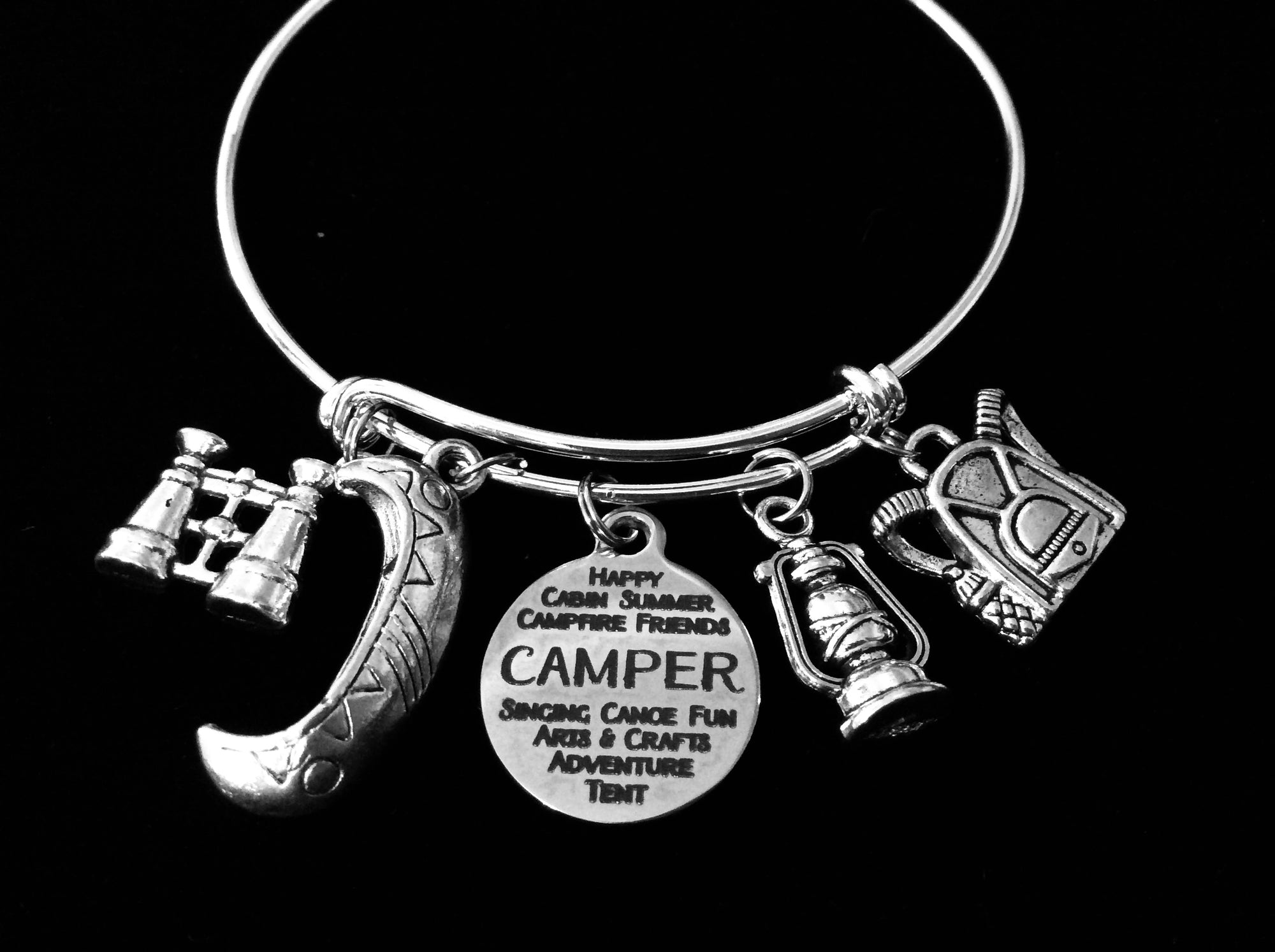 I Love Camping Canoeing Jewelry Adjustable Bracelet Expandable Silver Charm Bangle Camp Travel Binoculars Canoe Backpack Lantern One Size Fits All Gift Great Outdoors Person