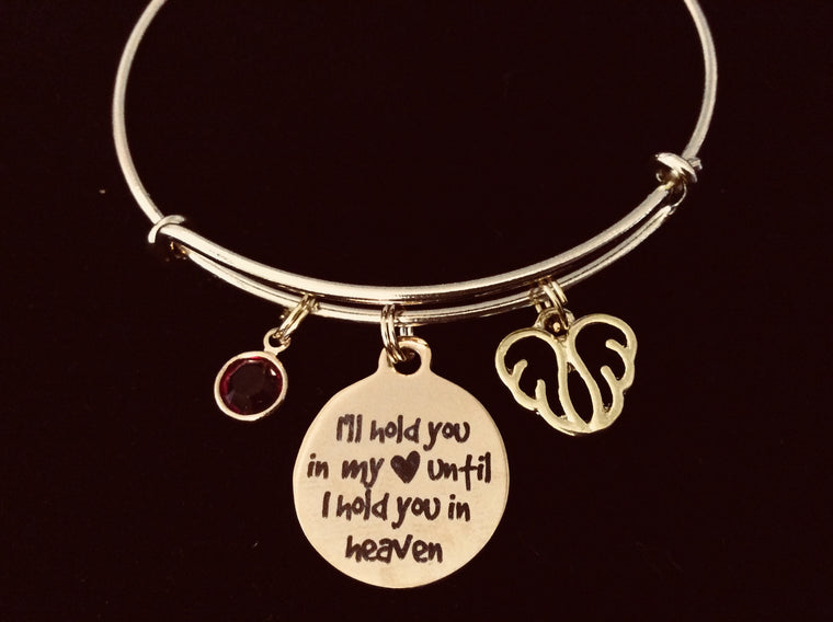 I Will Hold You in My Heart Until I Hold You in Heaven Gold Expandable Adjustable Bracelet Memorial Jewelry Wire Bangle Angel Wings Birthstone One Size Fits All Gift Loved One or Pet Memorial Bereavement Gift