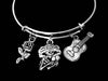 Day of the Dead Skull Guitar Rose Sugar Skull Jewelry Expandable Charm Bracelet Silver Adjustable Bangle One Size Fits All Gift Land Of The Dead