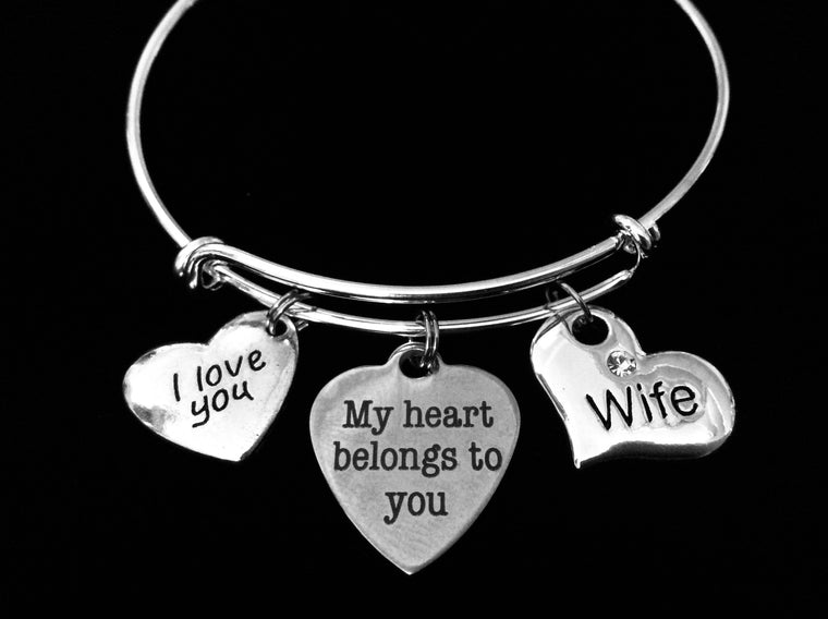 Wife Jewelry My Heart Belongs to You I Love You Expandable Charm Bracelet Silver Adjustable Bangle One Size Fits All Gift Trendy
