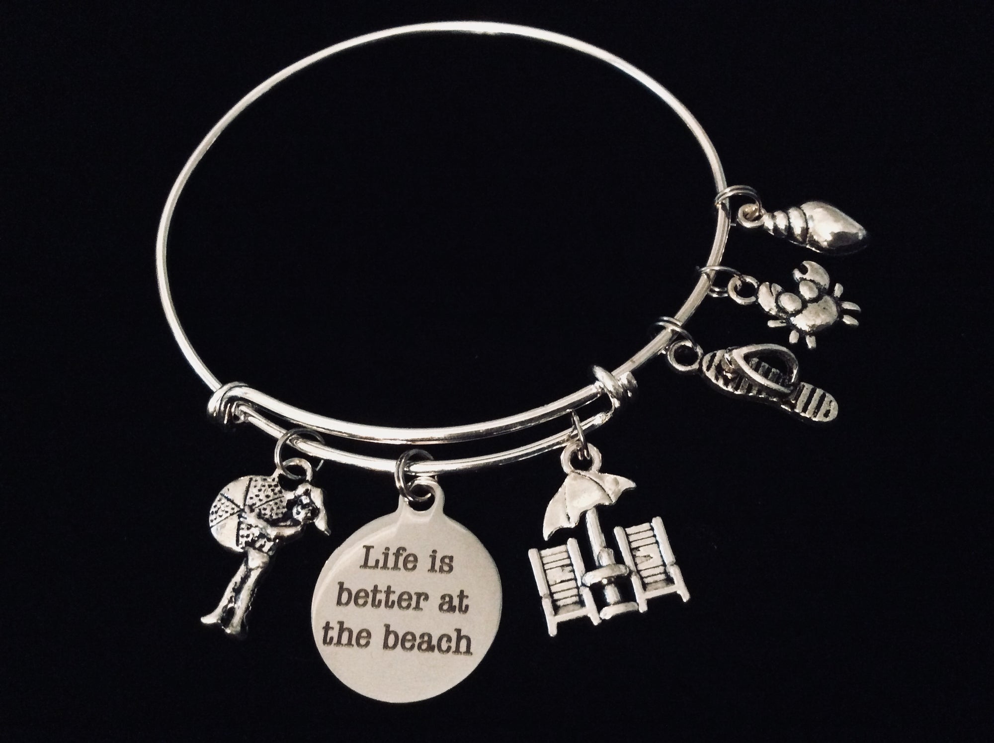 Life Is Better at the Beach Silver Charm Bangle Bracelet – Beach Lover Jewelry, Flip Flop, Crab, Seashell, Beach Chair Charms