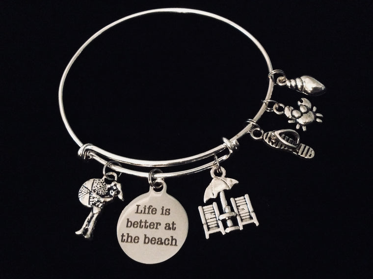 Life Is Better at the Beach Adjustable Bracelet Expandable Charm Bangle Ocean Nautical Vacation Jewelry One Size Fits All Gift Flip Flops Beach Chair Crab Shell Beach Ball