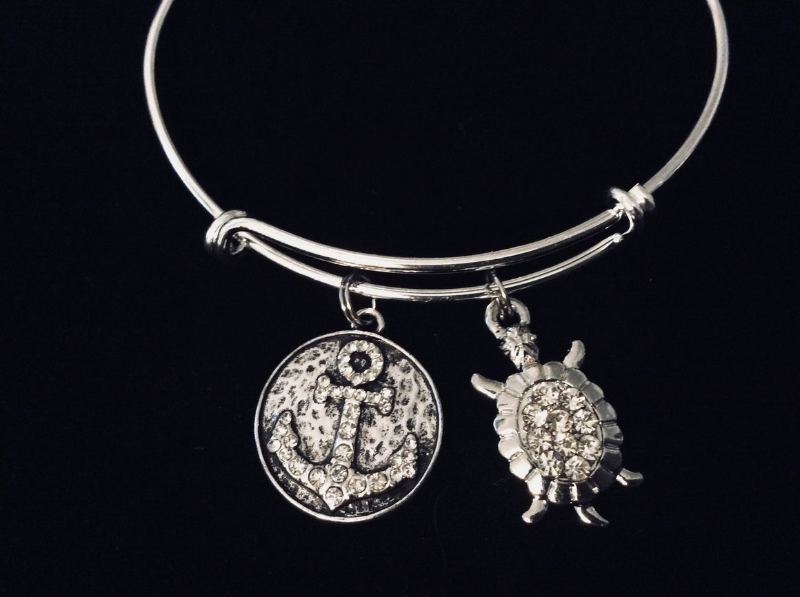 Crystal Anchor with Turtle Adjustable Bracelet Expandable Charm Bangle Ocean Nautical Vacation Jewelry One Size Fits All Gift Rhinestone 