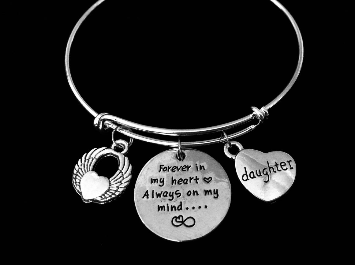 Daughter Forever in My Heart Expandable Charm Bracelet Bangle Silver Adjustable Wire Bangle Angel Wings One Size Fits All Gift Memorial Bereavement 