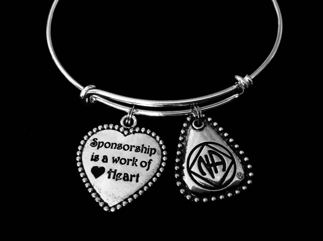 NA Sponsorship Bracelet – “Sponsorship is a Work of Heart” Adjustable Silver Charm Bangle – Narcotics Anonymous Recovery Jewelry Gift