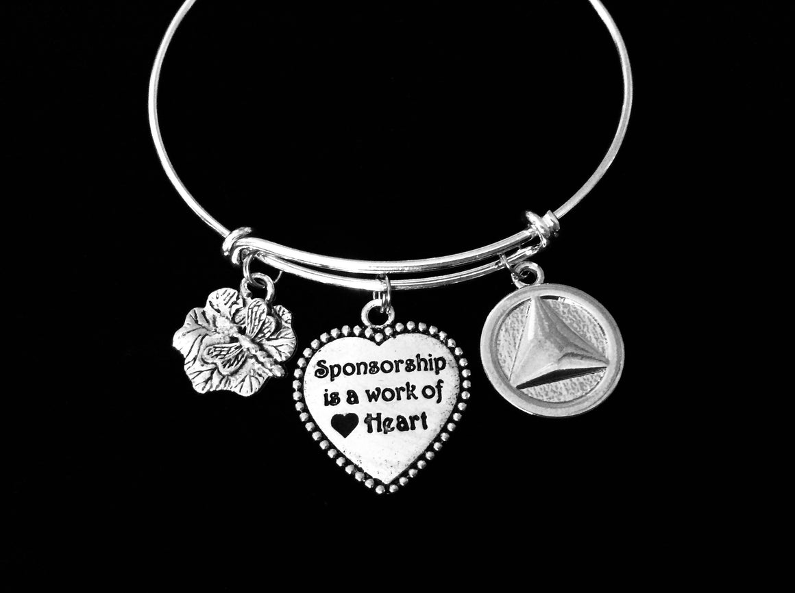 Sponsorship is a Work of Heart Alcoholics Anonymous AA Jewelry Adjustable Charm Bracelet Silver Expandable Bangle One Size Fits All Sponsor Gift Recovery