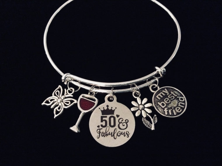 My Best Friend Fifty and Fabulous 50th Birthday Jewelry Adjustable Charm Bracelet Silver Expandable Bangle One Size Fits All Gift 50 Birthday Gift Butterfly Daisy