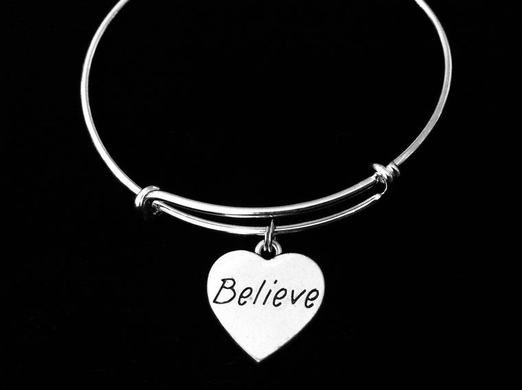 Believe Jewelry Inspirational Heart Expandable Charm Bracelet Silver Adjustable Bangle One Size Fits All Gift