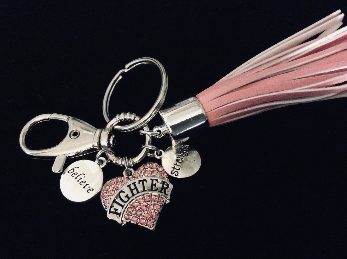 Pink Fighter FOB Keychain Believe Strength Inspirational Silver Key Chain Pink Tassel Keyring FOB Meaningful Gift Breast Cancer Awareness