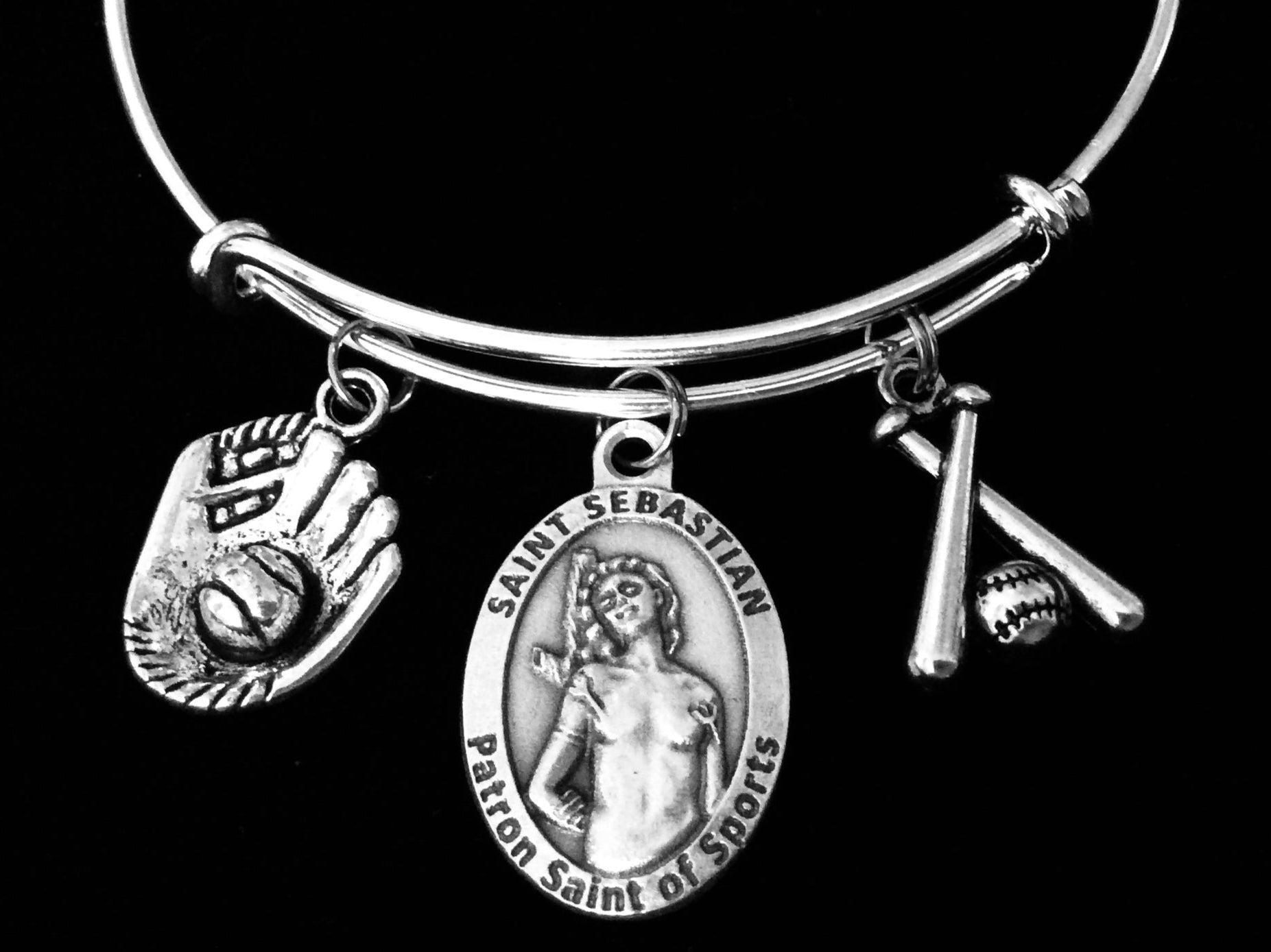 Saint Sebastian Patron Saint of Sports Baseball Jewelry Adjustable Bracelet Silver Expandable Charm Bangle  Baseball Glove Bats One Size Fits All Inspirational Gift