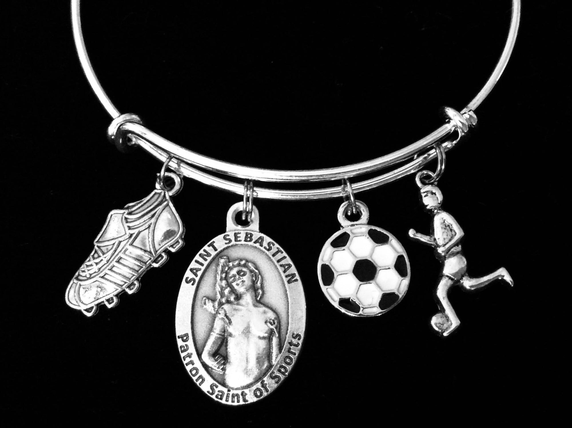 Saint Sebastian Patron Saint of Sports Soccer Jewelry Adjustable Bracelet Silver Expandable Charm Bangle Soccer Ball Cleat One Size Fits All Inspirational Gift Soccer Girl