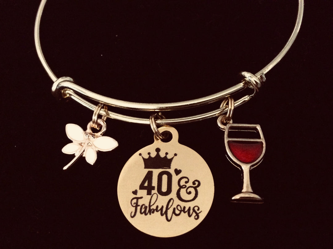 Gold Expandable Charm Bracelet 40 and Fabulous Adjustable Wire Bangle Meaningful 40th Birthday Forty One Size Fits All Gift