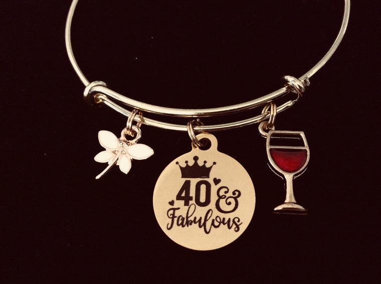Gold Expandable Charm Bracelet 40 and Fabulous Adjustable Wire Bangle Meaningful 40th Birthday Forty One Size Fits All Gift