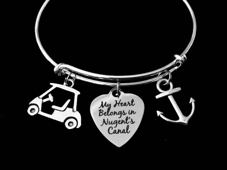 My Heart Belongs In Nugent's Canal Expandable Silver Charm Bracelet Adjustable Bangle One Size Fits All Gift Jewelry Lake Life Golf Cart Nautical Boat Anchor Port Clinton Ohio