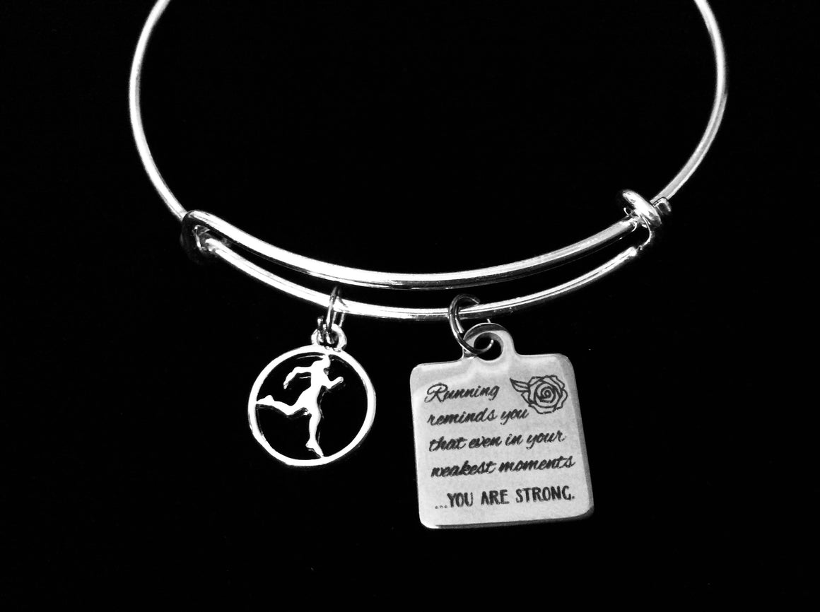 Runner Jewelry You are Strong Adjustable Bracelet Expandable Silver Charm Bangle One Size Fits All Gift