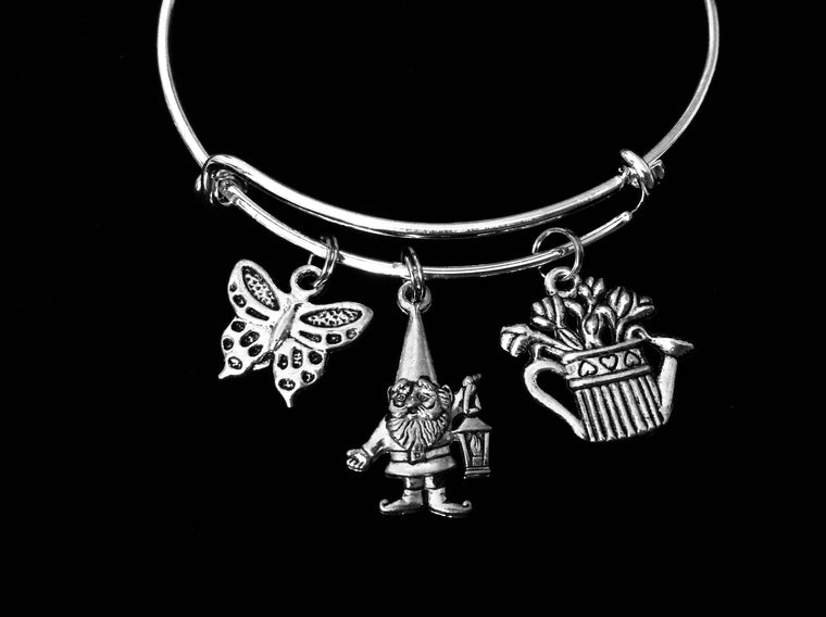 Garden Gnome Gardeners Bracelet Adjustable Charm Bracelet Silver Expandable Bangle One Size Fits All Gift Butterfly Flowers Planter