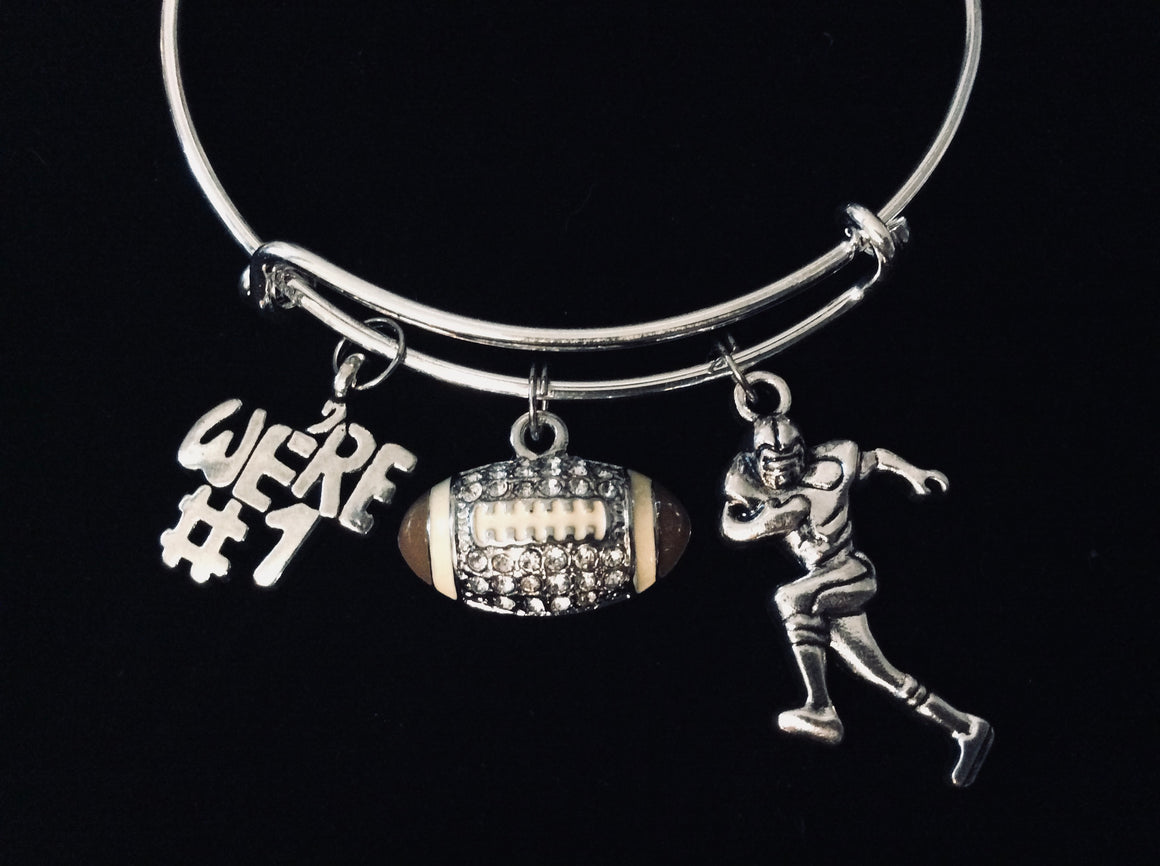 We're #1 Football Jewelry Expandable Silver Charm Bracelet Adjustable Wire Bangle One Size Fits All Gift Trendy Sports Team Mom Gift
