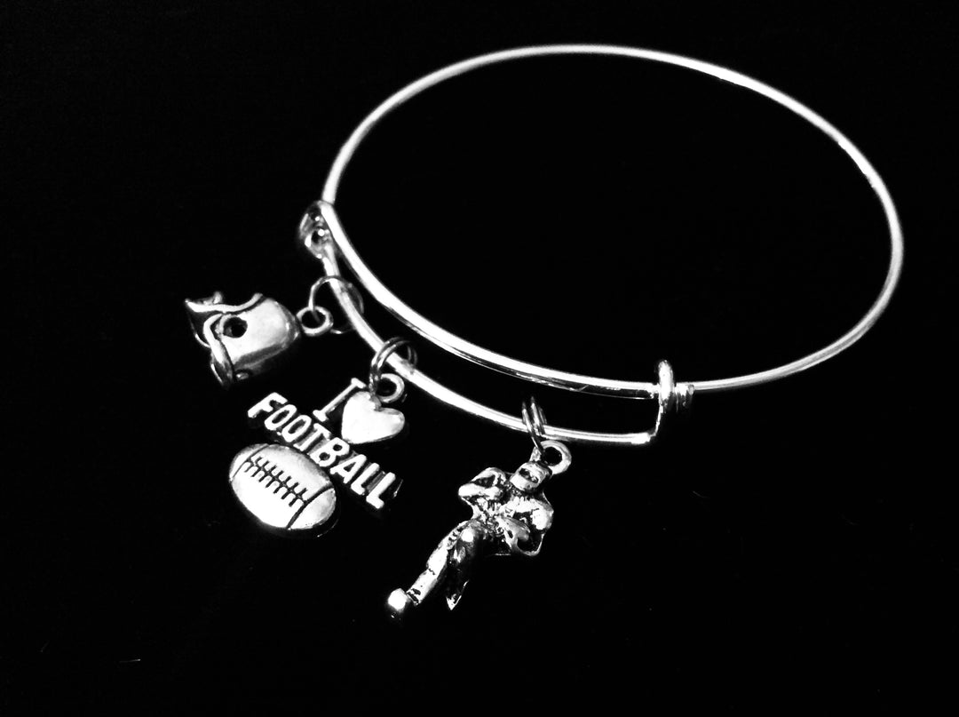 Football Charm Bracelet – Adjustable Silver Bangle with Helmet, Player &amp; “I Love Football” Charms