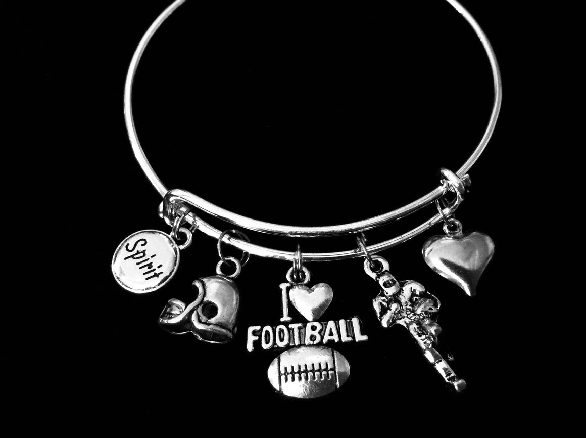 Football Spirit I Love Football Jewelry Expandable Silver Charm Bracelet Silver Adjustable Wire Bangle One Size Fits All Gift Trendy Sports Team Mom Gift Football Player Helmet